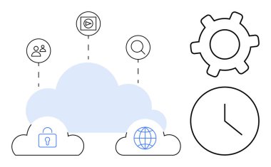 İşbirliği, güvenlik, küresel ağ, medya, arama, zaman, ayarlar için simgelere sahip bulut. Teknoloji güvenliği iletişimi, verimlilik veri depolama inovasyonu için idealdir. Düz