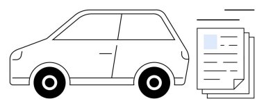 Belgeler düzgünce istiflenmiş küçük araba. Araç ruhsatı, mülkiyet, sigorta, evrak işleri, yasal süreçler, seyahat, filo yönetimi için ideal. Temiz düz basit metafor