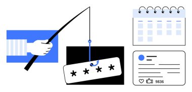 Elde tutulan olta kancası parolası ekranda. Yakın, takvim ve sosyal medya paylaşımı siber güvenliği vurguluyor. Farkındalık yaratmak için ideal, veri koruması, çevrimiçi riskler, kimlik güvenliği