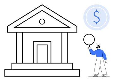 Büyük sütunlu banka cephesi, balon tutan kişi, yukarıda süzülen parasal sembol. Bankacılık, ekonomi, finans eğitimi, yatırım, tasarruf, karar verme sade iniş sayfası için ideal