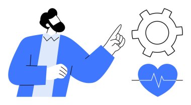 Vites ve kalbe darbe çizgisiyle bakan kişi yenilik, teknoloji, sağlık ve sağlık hizmetlerini temsil ediyor. Üretkenlik, takım çalışması, sağlık izleme, sistem tasarım uygulaması arayüzü için ideal