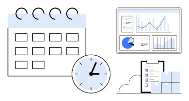 Saati olan bir takvim, ekran, kontrol listesi ve çizelgeler üzerinde ilerleme raporu. Zaman yönetimi, üretkenlik, planlama, planlama, hedef belirleme projesi için ideal