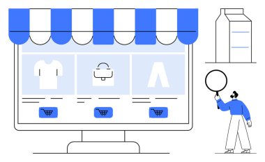Dijital mağaza vitrinleri giysi ve aksesuarlar, kullanıcı büyüteçle keşif yapıyor. E-ticaret, çevrimiçi alışveriş, perakende pazarlama, ürün araması, müşteri yolculuğu, iş stratejisi için ideal