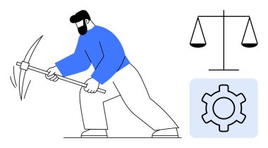 Kazmayla grev yapan işçiler, adaleti simgeleyen adalet terazileri ve endüstriyi yansıtan dişliler. Çalışma hakları, denge, üretkenlik, adalet, sıkı çalışma, adil iniş sayfası için ideal