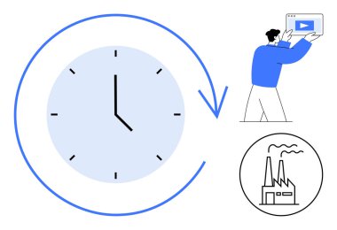 Zamanı gösteren oklu büyük saat, oyun düğmeli ekranı tutan kişi, endüstriyel fabrika sembolü. Üretkenlik, verimlilik, zamanlama, endüstriyel planlama, içerik yönetimi için ideal