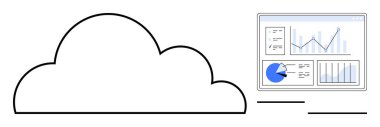 Grafikler, tablolar ve analitik aletlerin sergilendiği dijital bir gösterge panelinin yanında büyük bir bulut çizgisi. Teknoloji, bulut hesaplama, veri yönetimi, analiz, iş zekası, yazılım için ideal
