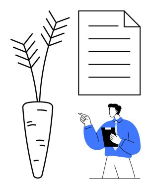 İşadamı belgeye işaret ediyor, elinde bir pano var, büyük bir havucun yanında. Tarım, diyet planlaması, sunumlar, organik tarım, sürdürülebilirlik beslenme eğitimi için idealdir. Düz basit