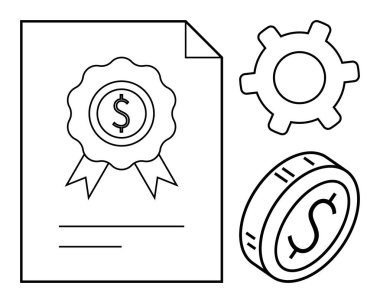 Dolar işareti rozeti, teçhizat ve madeni para görselleştirme sertifikası. Finans, değer, operasyonel verimlilik ve başarı. İş için ideal, sertifika kalitesinde başarı ödeme stratejisi. Düz