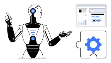 Haritaların ve yapboz parçasıyla web sitesi arayüzünün yanında el kol hareketi yapan gelecekçi robot. Teknoloji, yapay zeka, otomasyon, makine öğrenimi, yenilik, veri analizi, basit iniş sayfası için ideal
