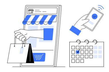 Smartphone mağaza vitrininde alışveriş torbası, el ele tutuşan telefonlar, işaretli tarihli takvim. E-ticaret, takvim, dağıtım, perakende, zaman yönetimi, bildirimler için ideal