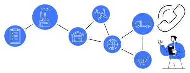 Pano, fabrika, depo, uçak, dünya, kamyon, alışveriş arabası, telefon ve kişiyi gösteren grafikler. Lojistik planlama dağıtım ağı ticari iletişim için ideal