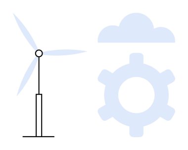 Rüzgâr türbini vites ve bulut şekilleri yeşil enerjiyi, sürdürülebilir gelişimi ve teknolojiyi temsil ediyor. Enerji, yenilik, sürdürülebilirlik, bulut hesaplama, endüstri ve ekolojik çözümler için ideal