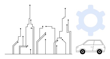 Teknolojiyi, yeniliği ve otomasyonu temsil eden devrelere, vites sembollerine ve arabaya sahip stilize şehir silueti. Akıllı şehir, ıssız, şehir planlaması, teknoloji geleceği için ideal.