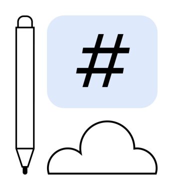 Mavi karede kalem, üstveri etiketi sembolü ve bulut çizgisi. Sosyal medya, içerik oluşturma, teknoloji, bulut depolama, iletişim, basit iniş sayfaları için ideal