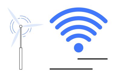 Kablosuz sinyalin yanındaki rüzgar türbini yenilenebilir enerji ile teknoloji entegrasyonunu vurguluyor. Temiz enerji, sürdürülebilirlik, teknoloji, yenilik, bağlantı, eko-teknoloji, modern