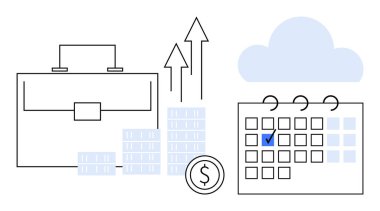 Evrak çantası, istiflenmiş paralar, yükselen oklar, işaretli takvim ve bulut iş büyümesini, planlamayı, finansal başarıyı ve bulut teknolojisini simgeliyor. Strateji organizasyonu finansmanı için ideal