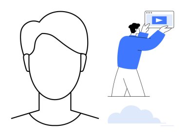 Çalma düğmesi olan bir web sayfası çerçevesi taşıyan birinin yanındaki minimalist profil taslağı. Kullanıcı arayüzü, ortam içeriği, profiller, yaratıcılık, öğretiler, sunumlar, basit iniş için ideal