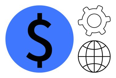 Siyah ana hatlı dünya ve dişli çarkın yanında büyük mavi dolar işareti. Finans, ekonomi, ticaret, küreselleşme, yenilik, iş stratejisi, zenginlik için idealdir. Düz basit metafor
