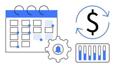 Vurgulanmış tarihli takvim, dişli zil, oklu dolar ve bar çizelgesi. Finansal planlama, bütçe belirleme, ödeme programları, abonelik yönetimi için ideal