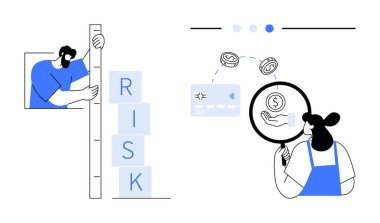 RISK etiketli blok istifleyen adam, finans kavramlarını inceleyen kadının yanı sıra büyüteç altında yapılan ödemeleri ve yatırımları da onaylıyor. Risk yönetimi, finansal okur yazarlık ve danışmanlık için ideal