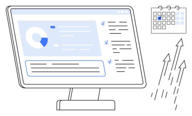 Çizelgeler, yapılacaklar listesi, ilerleme analizleri, takvim çizelgesi ve büyümeyi sembolize eden yukarı doğru oklarla bilgisayar ekranı. Üretkenlik, proje planlaması, zamanlama ve analitik için ideal