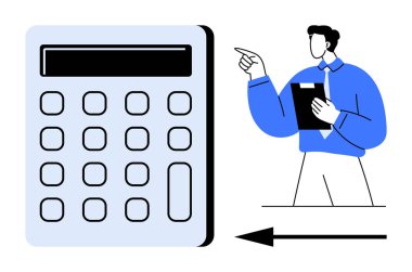 Profesyonel bir iş adamı elinde bir not panosu ve hesaplamaları tutarken büyük bir hesap makinesini işaret ediyor. Finans, muhasebe, bütçe, denetim, analiz, eğitim ve karar verme için ideal. Düz