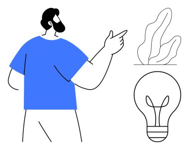 Mavi gömlekli bir adam parlayan bir ampulü ve yapraklı bitki elementini işaret ediyor. Yaratıcılık, sürdürülebilirlik, yenilik, beyin fırtınası, eko-bilinç, takım çalışması, basit iniş sayfası için ideal