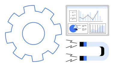 Gösterge panelindeki vites göstergesi, çubuk grafikler ve turta grafikleri ve cazibeyi gösteren bir mıknatıs. Çalışma akışı, içgörü, strateji, verimlilik, yenilik ve pazarlama için ideal
