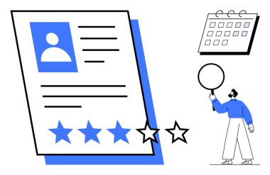 Profili 4 yıldızlı, elinde büyüteç tutan, takvim elemanı olan biri. İnsan kaynakları, askere alma, performans değerlendirmesi, çalışan değerlendirmeleri, öz değerlendirme, geri bildirim koleksiyonu için ideal