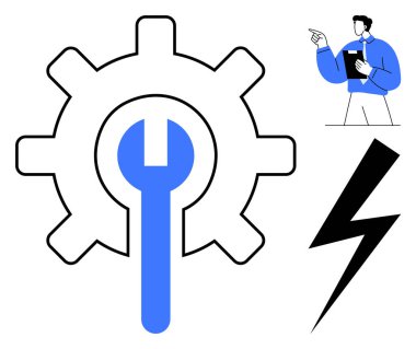 İngiliz anahtarlı teçhizat bakımı simgeler, pano taşıyan adam planlama yapar, ve yıldırım enerji ya da güç önerir. Üretkenlik, yenilik, planlama, bakım ve enerji için ideal