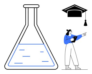 Kadın bir bilim adamı elinde tablet, büyük bir deney şişesi kısmen dolu ve mezuniyet şapkası var. Bilimsel araştırma, eğitim, yenilik, BTMM alanları, öğrenme, hedef başarısı için ideal