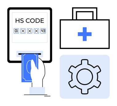 HS kodlu dijital bir ödeme ekranına para sokmak. Bitişik sağlık çantası ve dişli ikonu. Teknoloji, finans, sağlık, otomasyon, ticaret, e-ticaret, basit iniş sayfası için ideal