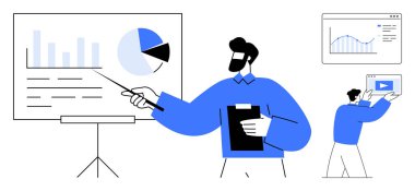 Sunucu panoya çizelge ve pasta diyagramlarıyla işaret ediyor, panoyu tutuyor. İş arkadaşı video içeriğini analiz ediyor. İş stratejisi, takım çalışması, eğitim, analitik, pazarlama ve planlama için ideal