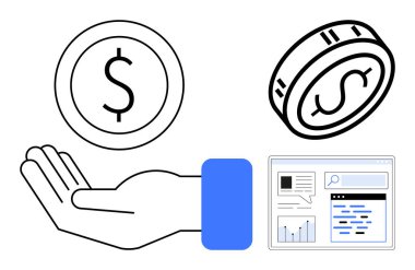 Avuç içi para, bozuk para ve grafik ve verilerle dolu bir web sayfası. Finans, tasarruf, yatırım, analitik, çevrimiçi iş için ideal, e-ticaret basit iniş sayfası