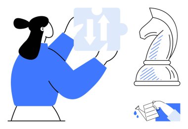 Oklarla bulmaca çözen bir kadın, stratejiyi sembolize eden bir satranç şövalyesi ve sıvı döken bir el. Takım çalışması, problem çözme, strateji, karar verme, işbirliği, liderlik yeniliği için ideal