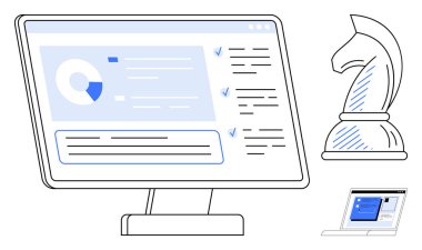 Masaüstü monitörü veri panellerini ve kontrol listelerini gösteriyor. Satranç taşını sembolize eden bir strateji, dizüstü bilgisayar. Strateji, planlama, üretkenlik, iş, hedefler, teknoloji karar verme mekanizması için ideal