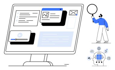 E- posta, medya ve içerik modülleri olan bilgisayar ekranı, büyüteç tutan adam ve simgeli yapay zeka çipi. Teknoloji, yenilik, kullanıcı arayüzü, yapay zeka dijital araştırma iletişimi için ideal