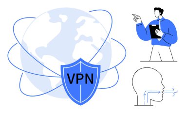 Dünya, yörünge çizgileriyle VPN kalkanıyla kaplı. Not defterini tutarken bir şekil. Hava akışı ağ iletişimini özetliyor. Siber güvenlik, gizlilik, çevrimiçi güvenlik, uzaktan bağlantı için ideal