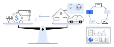 Araba ve ev de dahil olmak üzere para ve varlıklarla dolu pullar. Oklar kararları simgeler. Özellik verileri, grafikler. Finans, bütçe, yatırım, emlak analizi için ideal basit bir iniş sayfası planlama