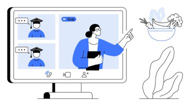 Öğretmen, bir kase taze sebzeye işaret ederken mezunlarla canlı bir online oturum yapıyor. E-öğrenim, çevrimiçi dersler, sanal toplantılar, eğitim yeniliği için ideal