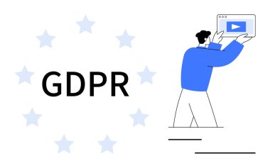 Yıldızlarla çevrili GDPR metni, dijital ekran tutan kişi. Gizlilik, veri güvenliği, uyum, web politikası, kullanıcı hakları, çevrimiçi güvenlik, basit iniş sayfası için ideal