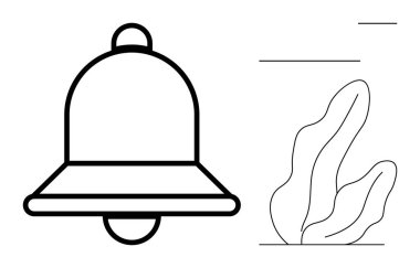 Uyarı, iletişim, ses, dikkat, kullanıcı arayüzü için bitki çizimi ve doğrusal aksanlı çan simgesi. Bildirimler, uygulama tasarımı, hatırlatıcılar, mesajlaşma alarmı basit iniş sayfası için ideal