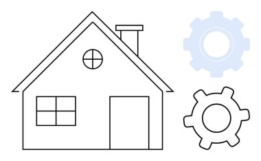 Yuvarlak ve kare pencereli ev takım çalışması, ev sistemleri, mühendislik gibi iki vites tasarımına sahip. Teknoloji, otomasyon, yenilik, inşaat, emlak için ideal