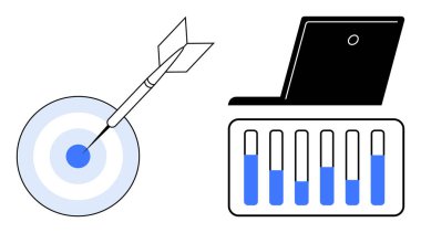 Dart işaretleme hassasiyeti ve doğruluğu ile tam isabet, dizüstü bilgisayarda veri çubuğu grafiğiyle eşleştirildi. Performans izleme, veri analizi, hedef belirleme, pazarlama, üretkenlik, strateji, basit