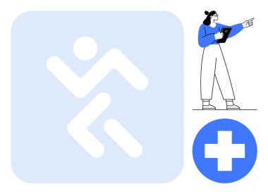 Rehberlik için panosu olan sağlık çalışanı, aktif hareket şekli, mavi tıbbi haç. Sağlık, sağlık, eylem, egzersiz, fitness, ilk yardım sayfası için ideal