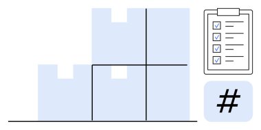 Düzgünce dizilmiş kutular, işaretli bir kontrol listesi ve bir etiket sembolü. Lojistik, envanter, organizasyon, depo, planlama, tedarik zinciri için ideal basit bir iniş sayfası