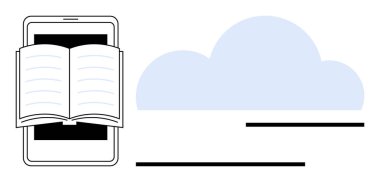 Akıllı telefon ekranının yanında açık kitap e-öğrenme, çevrimiçi kütüphane, bilgi paylaşımı, e-kitaplar, bulut depolama, uzaktan eğitim ve dijital dönüşümü gösteriyor. Düz basit