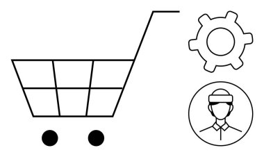 Alışveriş arabası, vites, VR kulaklıklı kullanıcı e-ticareti, dijital yeniliği ve çevrimiçi perakendeciliği temsil ediyor. Teknoloji, perakende, pazarlama, kullanıcı deneyimi, sanal gerçeklik işi için ideal