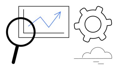 Büyüteç, yukarı doğru teçhizat ve bulut elementleriyle grafiği inceliyor. Veri analizi, performans büyümesi, optimizasyon, yenilik, bulut hesaplama, dijital araçlar, düz basit metafor