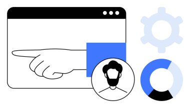 Tarayıcı penceresinden sağa doğru uzanan el, kullanıcı avatarı, mavi dişli, dairesel pasta grafiği. Dijital çalışma alanı, takım işbirliği, analitik, kullanıcı arayüzü, üretkenlik çalışma akışı için ideal